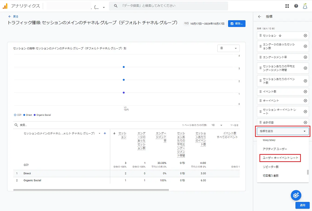 「指標を追加」で「ユーザー キーイベント レート」を追加