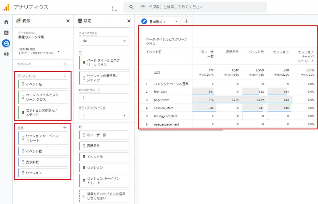 ディメンションと指標を追加して掛け合わせ